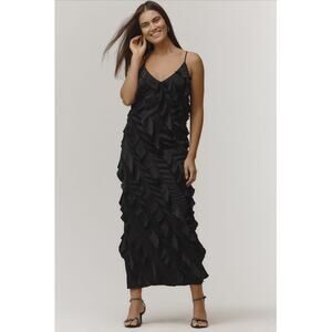 Anthropologie NWT Black Bias Cut Ruffled Satin Midi Dress Size Medium